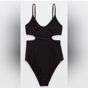 NWT Aerie Shine Rib Voop Cheeky One Piece Swimsuit in True Black